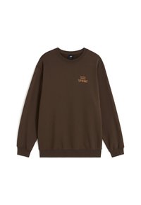 Felpa marrone con scollatura rotonda, maniche lunghe e un piccolo logo arancione "VANS Off the Wall" sulla parte superiore sinistra.