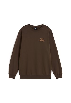 Felpa marrone con scollatura rotonda, maniche lunghe e un piccolo logo arancione "VANS Off the Wall" sulla parte superiore sinistra.