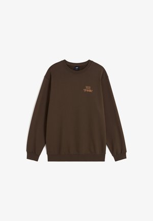 Brown sweatshirt featuring a rounded neckline, long sleeves, and a small orange "VANS Off the Wall" logo on the upper left.