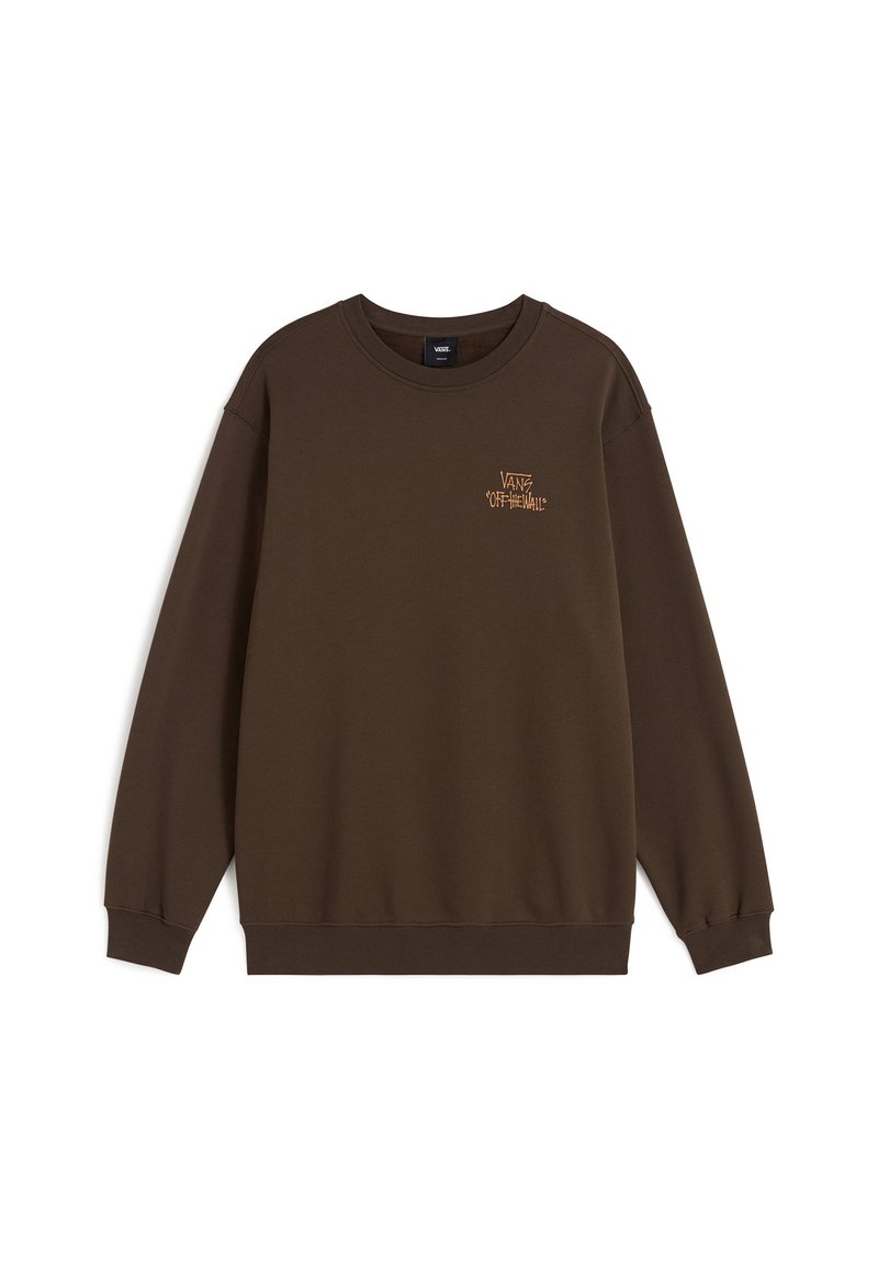 Felpa marrone con scollatura rotonda, maniche lunghe e un piccolo logo arancione "VANS Off the Wall" sulla parte superiore sinistra.
