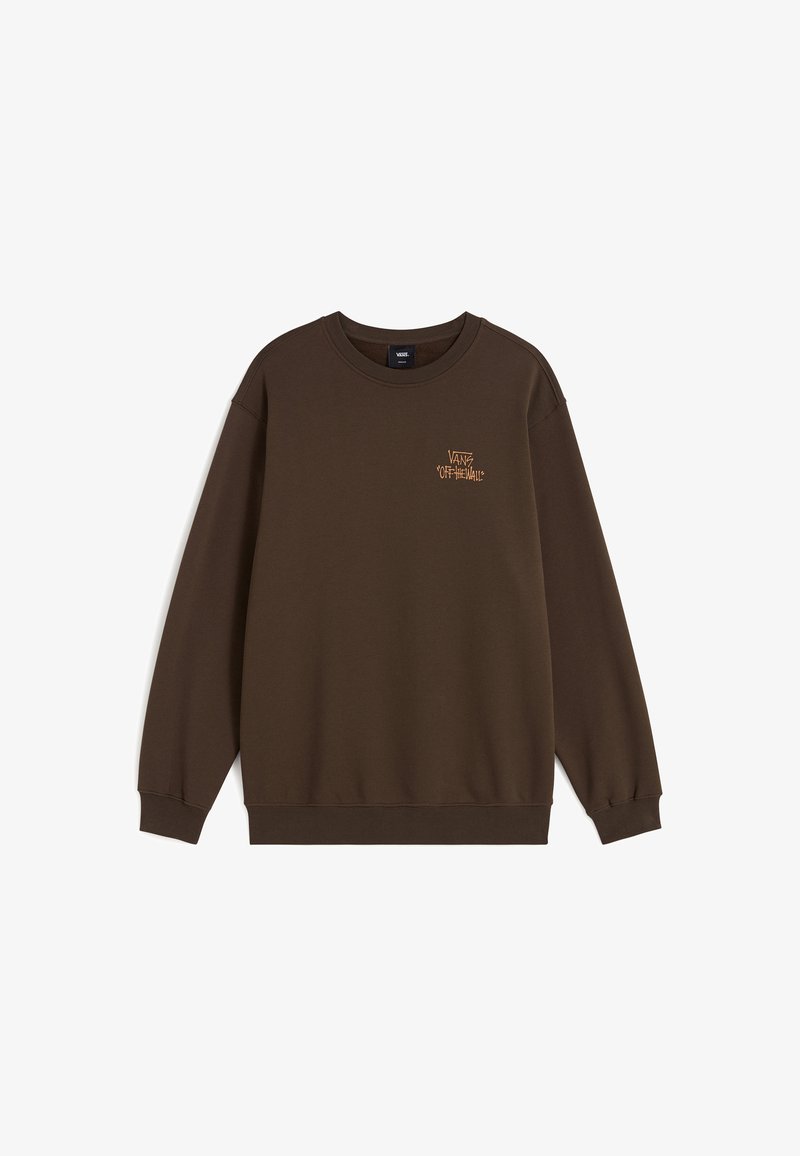 Felpa marrone con scollatura rotonda, maniche lunghe e un piccolo logo arancione "VANS Off the Wall" sulla parte superiore sinistra.