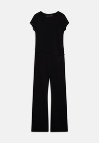Svart jumpsuit i jersey-tyg, med rundad halsringning, korta ärmar och vida byxor med en lätt drapering och samlingsdetalj i midjan.