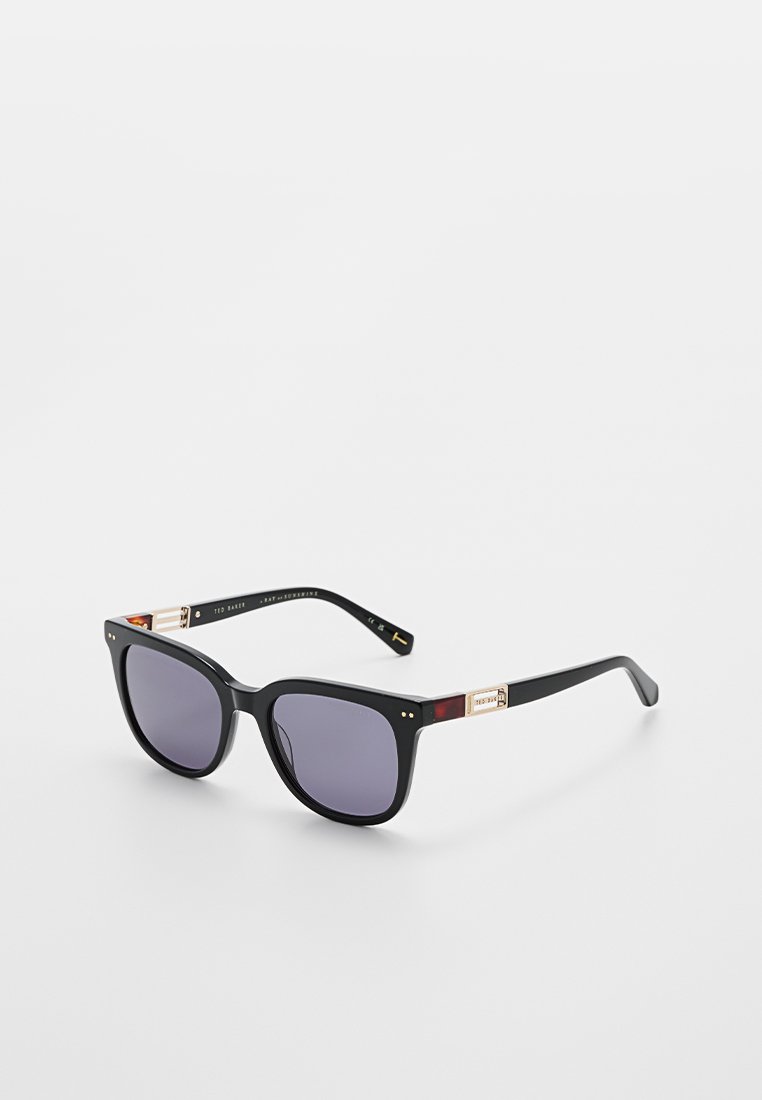 Black rectangular sunglasses with dark lenses, featuring gold hardware accents and contrasting burgundy detail on the temples.