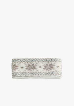 Pletený čelenka v krémovej farbe s jemným vzorom a hnedými a šedými akcentmi. Mäkká textúra, široký dizajn a útulný vzhľad.