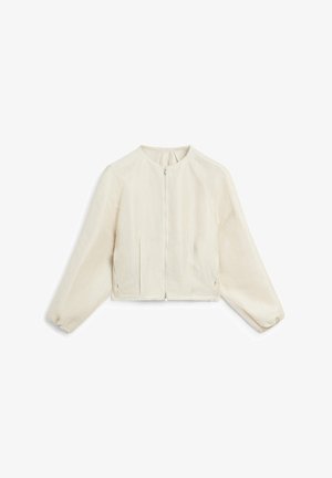 Korte mouwen, cropped jas van lichtbeige stof met een subtiele textuur, voorzien van een ritssluiting aan de voorkant en geplooide mouwen voor extra vorm.