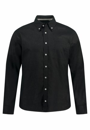 Sort langærmet skjorte i let materiale, med knap-om-fald krave, brystlomme og hvide knapdetaljer. Ensartet tekstur.
