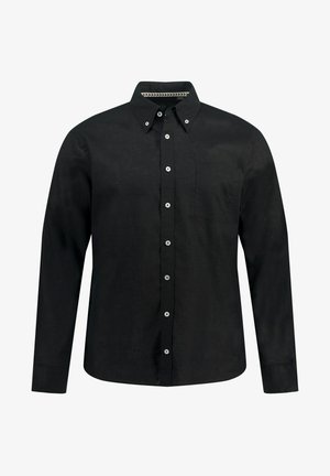 Zwarte blouse met lange mouwen van lichtgewicht stof, met een button-down kraag, een borstzak en witte knoopaccenten. Effen textuur.