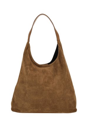 Ruskea mokkanahkainen hobo-laukku, jossa on yksi vaaleanruskea nahkahihna, pehmeä pinta ja avoin yläosa. Siinä on tilava sisusta ilman näkyviä metalliosia.