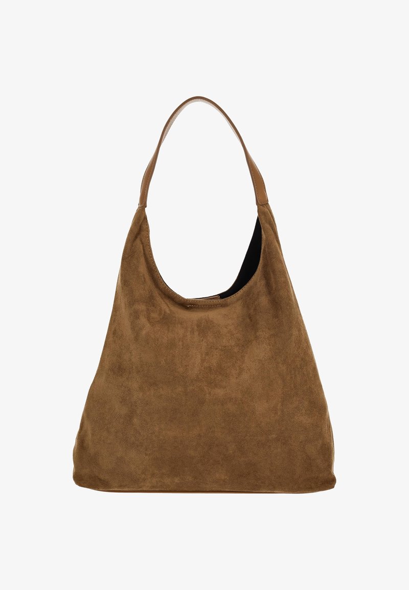 Braune Veloursleder-Hobo-Tasche mit einem einzelnen, hellbraunen Lederhenkel, weicher Textur und offenem Oberteil. Verfügt über ein geräumiges Inneres ohne sichtbare Beschläge.