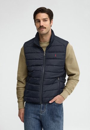 Uomo con capelli scuri e baffi che indossa un gilet trapuntato blu navy, una camicia beige a maniche lunghe e jeans blu, in piedi con una mano in tasca.