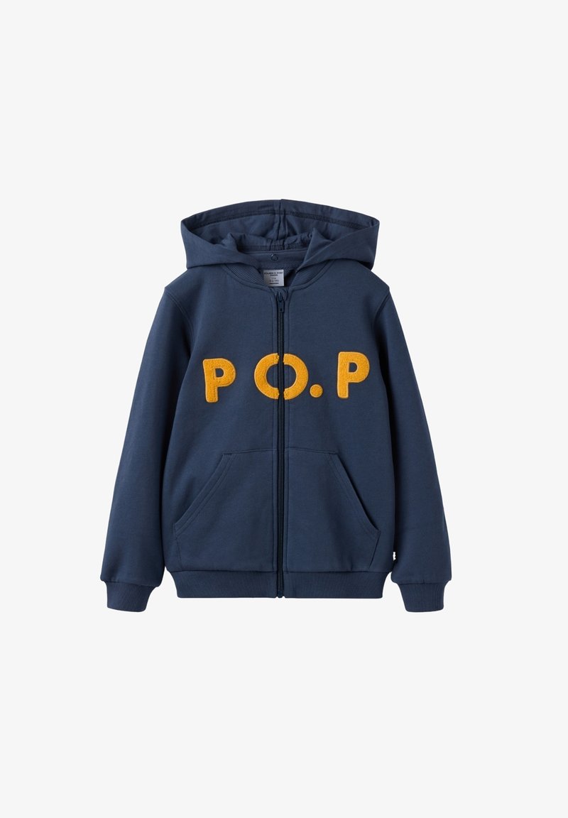 Marine ritsjack gemaakt van zachte katoen. Voorzien van gele "P.O.P" borduring, twee voorzakken en een capuchon met trekkoord voor een aanpasbare pasvorm.