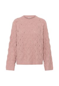 Helles rosa Sweatshirt mit Zopfmuster, rundem Ausschnitt und langen Ärmeln. Hergestellt aus weichem Stoff mit strukturierter Oberfläche.