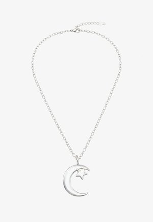 Silberne Halskette mit einem Anhänger in Form eines Monds mit Stern, verbunden durch eine Kette mit runden Gliedern und einem Verschluss.