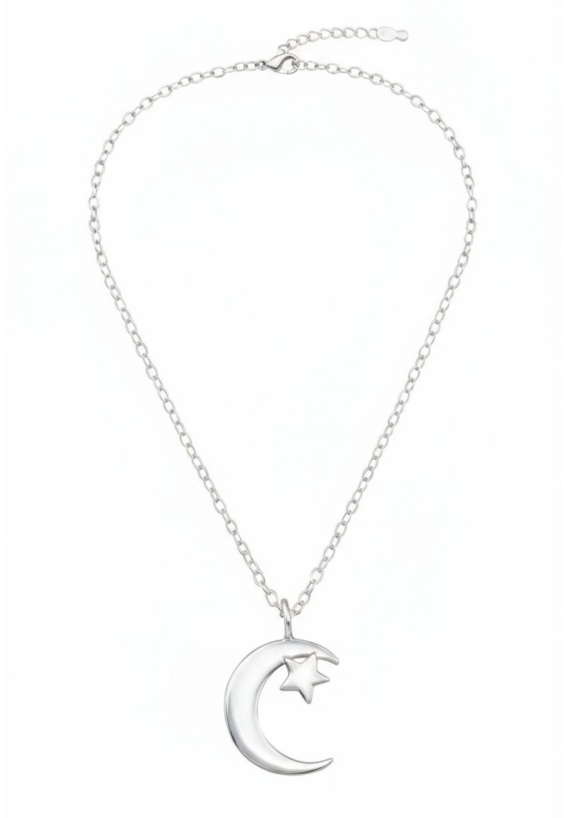 Zilveren ketting met hanger in de vorm van een maansikkel met een ster, verbonden door een ketting met afgeronde schakels en een sluiting.