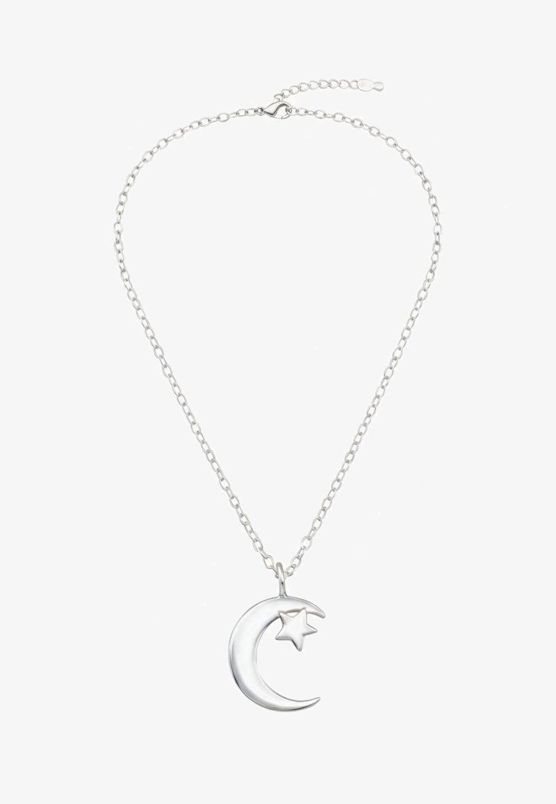 Zilveren ketting met hanger in de vorm van een maansikkel met een ster, verbonden door een ketting met afgeronde schakels en een sluiting.