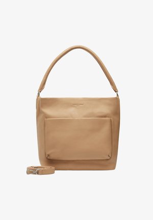 Sac à bandoulière en cuir beige avec une anse large, une poche rectangulaire à l'avant et une fine bandoulière amovible posée à côté sur un fond blanc.