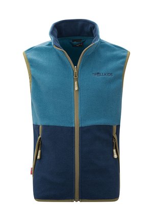 Gilet en polaire avec un design color-block en bleu clair et marine. Il présente un col montant, une fermeture éclair à l'avant et des poches latérales zippées avec des accents beige.