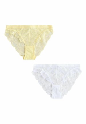 Du vien nėriniais dekoruoti bikini tipo apatinių drabužių vintažiniai geltoni ir balti atspalviai, su gėlių raštais ir vientisomis audinio įsiuvomis ant balto fono.