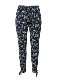 Leggings blu navy con stampa botanica bianca, caratterizzati da una vestibilità slim e corde regolabili alle caviglie per una lunghezza personalizzabile.