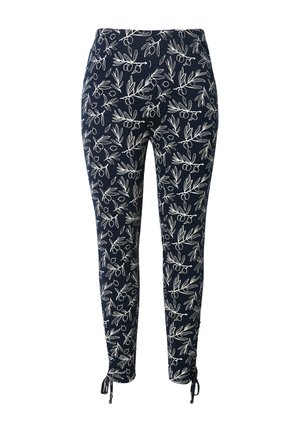 Leggings azul marino con un estampado botánico blanco, que presentan un ajuste ceñido y cordones ajustables en los tobillos para una longitud personalizable.