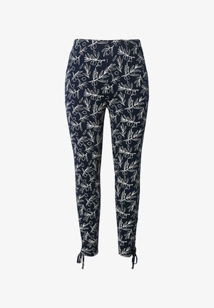 Marineblauwe legging met een witte botanische print, met een slim fit en verstelbare koorden bij de enkels voor een aanpasbare lengte.