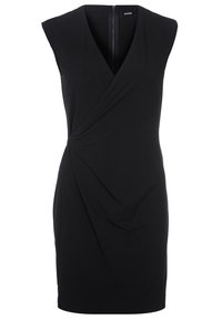 Černé bezramenné šaty s výstřihem do V a překládaným designem; mají skrytý zip na zadní straně a hladkou texturu látky.