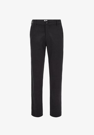 Melnas bikses no teksturētas auduma, ar taisnu griezumu, jostas cilpām, priekšējām kabatām un vienu pogas aizdari.