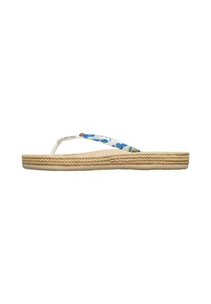 Chancla blanca con tiras de estampado floral que presentan flores azules y verdes, y una suela trenzada de yute. Diseño plano, estilo casual.
