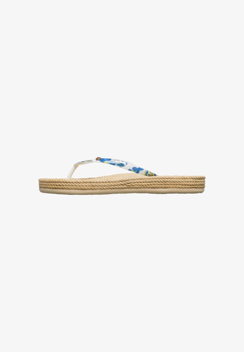 White flip-flop sandal with floral print straps featuring blue and green flowers, and a braided jute sole. Flat design, casual style.