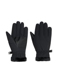 Schwarze Handschuhe aus einem weichen Textilmaterial, mit einem Gummigriff in der Handfläche und einem Kunstfellfutter an den Bündchen. Enthält einen verstellbaren Riemen.