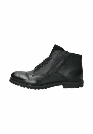 Schwarze Leder-Stiefeletten mit runder Zehenform, ausgestattet mit Schnürsenkeln und einem seitlichen Reißverschluss, strukturiertem Finish und einer robusten Sohle.