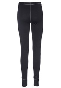 Svarta leggings tillverkade av ett elastiskt material, med en slät yta, en åtsittande form och kontrasterande grå sömmar längs kanterna.