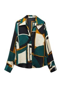 Chemise en soie à manches longues avec un motif géométrique en vert foncé, crème et jaune moutarde, dotée d'un col classique et d'une fermeture à boutons.