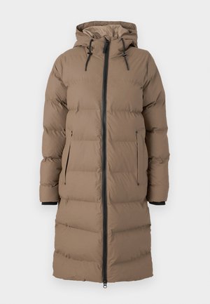 Padded parka in tan color, featuring a hood, full front zipper, and two side pockets. The fabric has a smooth texture with quilted panels.