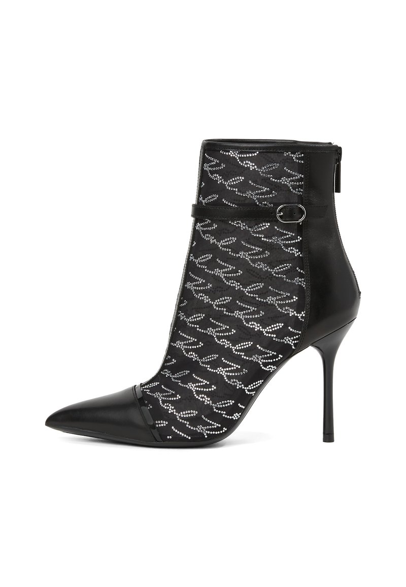 Must mustanõlvadega saapad, millel on silmkoepadja ja lainelise rhinestone mustriga paneel, terav nina ja tagumine tõmblukk.