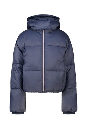 Veste d'hiver matelassée bleu marine avec capuche, fermeture éclair frontale et poignets élastiques aux manches, présentée sur fond blanc.