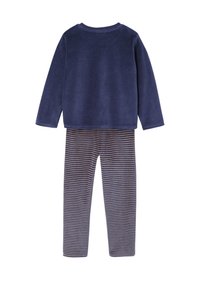 Navy blue fleece long-sleeve top with round neckline paired with navy and beige striped pants, made from soft, breathable fabric.