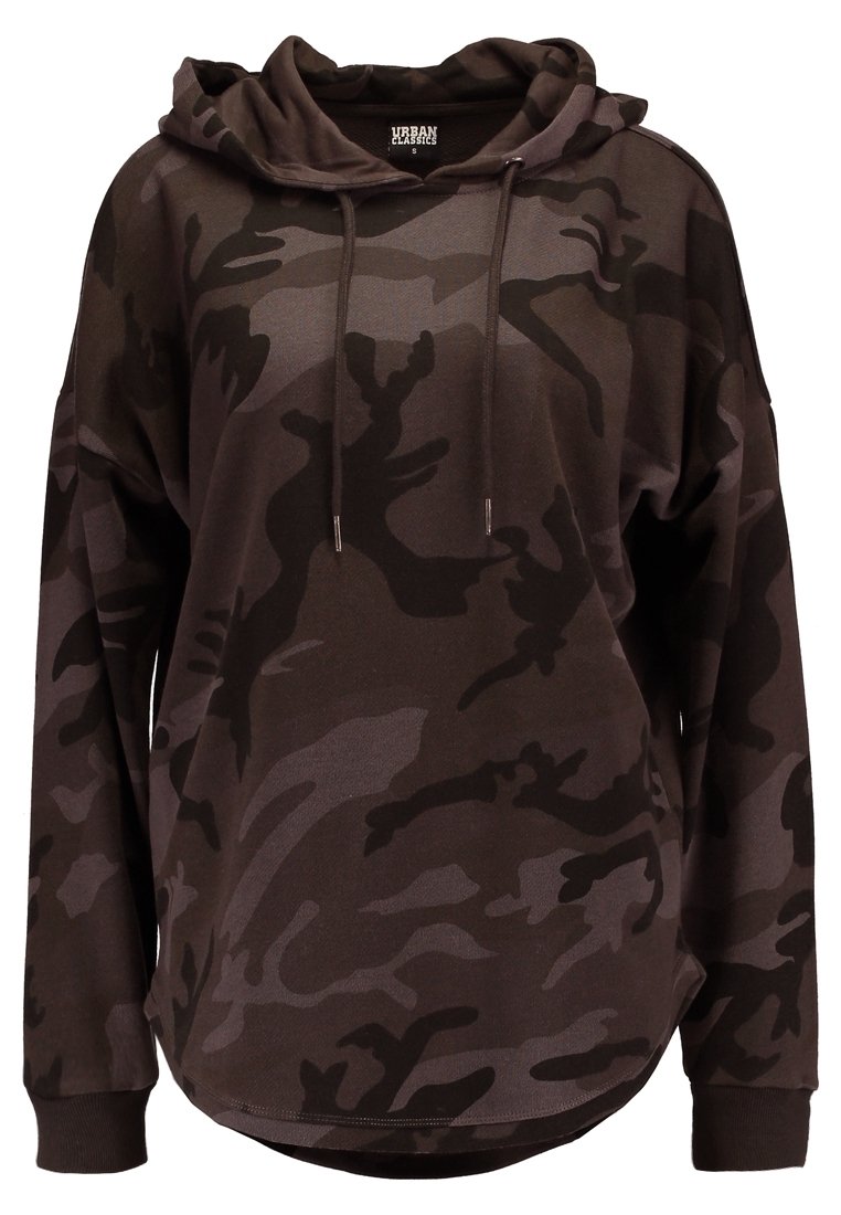 Sudadera con capucha en un patrón de camuflaje oscuro, hecha de una tela suave, con un corte relajado, mangas largas y un dobladillo curvado.