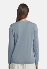 Ljusblå långärmad tröja i mjukt tyg, med rund halsringning och ribbad mudd, med en enkel och ren design.