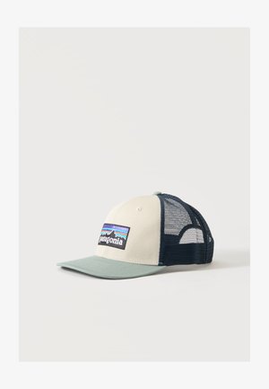 Baseballkasket med beige front, grøn skygge, marineblåt netbagstykke og Patagonia-logoemblem med bjerge og en farverig himmel.