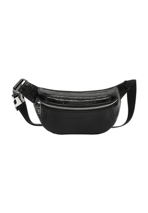 Sac banane en cuir noir au design courbé, doté d'un zip argenté, d'une sangle textile et d'un logo de marque embossé à l'avant.