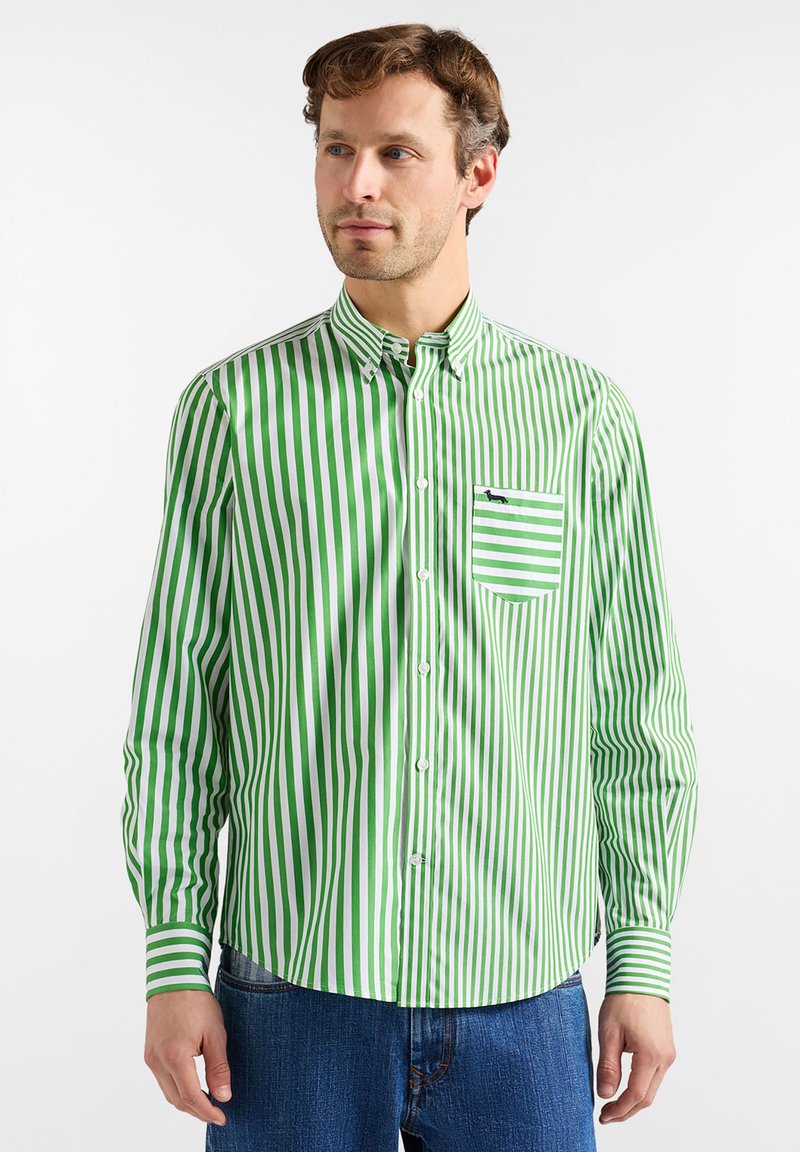Chemise à rayures vertes et blanches avec boutonnières et poche poitrine. Dotée de manches longues et d'un col classique. Le tissu présente une texture lisse.