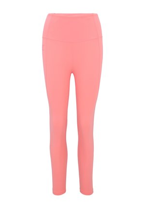 Højtaljede pink leggings lavet af strækbart stof. Glat tekstur med en tætsiddende design, velegnet til sportstøj. Ingen synlige mønstre eller accenter.