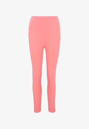 Růžové legíny s vysokým pasem vyrobené z elastického materiálu. Hladký povrch s přiléhavým střihem, vhodné pro sportovní aktivity. Žádné viditelné vzory ani akcenty.