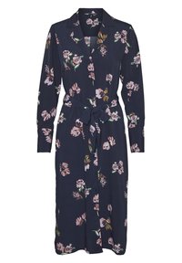 Tmavě modré šaty s dlouhým rukávem, růžovým květinovým potiskem, s knoflíkovým zapínáním vpředu, s límečkem a zavazovací šňůrou v pase, ke kolenům.