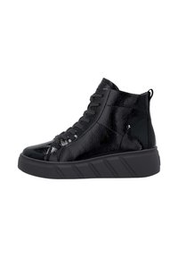 Baskets montantes noires avec une surface brillante et texturée, semelle épaisse, lacets noirs et languette à l'arrière.