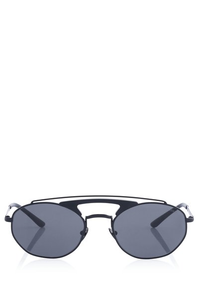 Schwarze Sonnenbrille mit ovalen Gläsern, metallischem Rahmen und einem einzigartigen Doppelsteg-Design. Dunkel getönte Gläser bieten UV-Schutz.