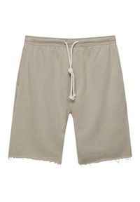 Beige cotton blend shorts with an elastic waistband, drawstring closure, and frayed hem. Includes side pockets for functionality.