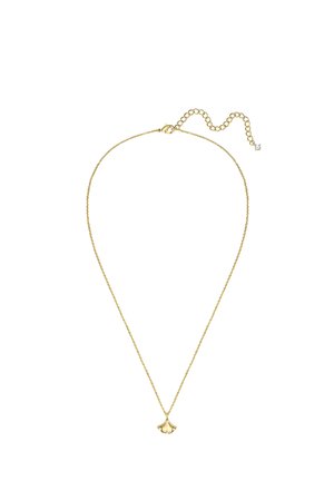 Collana delicata in catena d'oro con un piccolo ciondolo liscio a forma di ventaglio e chiusura regolabile con catena di estensione.