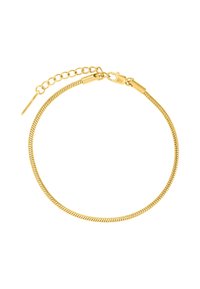 Bracciale color oro con un design liscio e flessibile. Caratterizzato da una chiusura sicura e una catena regolabile per variazioni di dimensioni.